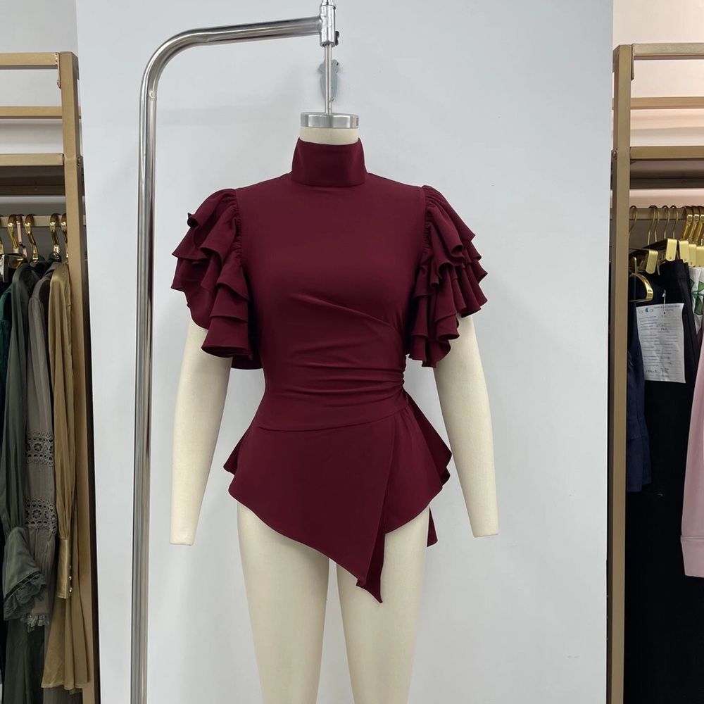 Ruffled Sleeve Asymmetrical Peplum Top - Cabernet